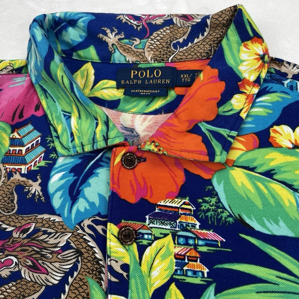 Polo Ralph Lauren Featherweight Mesh Dragon Floral Print Polo Mens 2XL Hawaiian